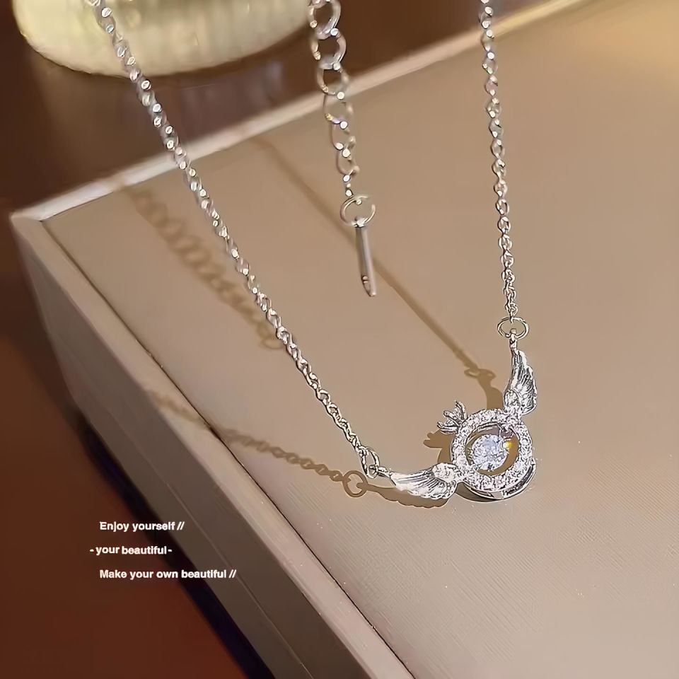 Kadın Gümüş Çelik Zirkon  Tektaş Yüzük Melek Kanatlı Kolye