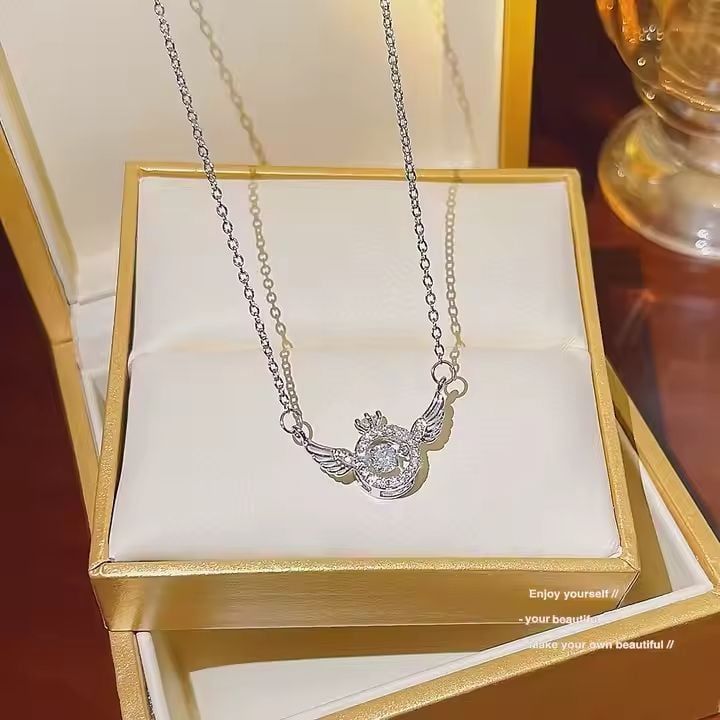 Kadın Gümüş Çelik Zirkon  Tektaş Yüzük Melek Kanatlı Kolye