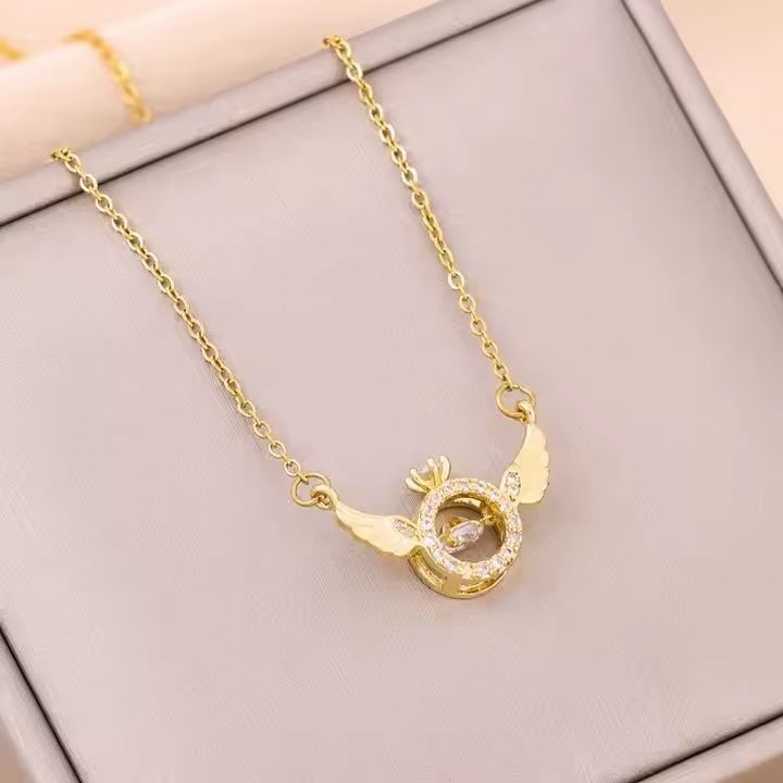 Kadın Gold Çelik Zirkon Taş Tektaş Yüzük Melek Kanatlı Kolye