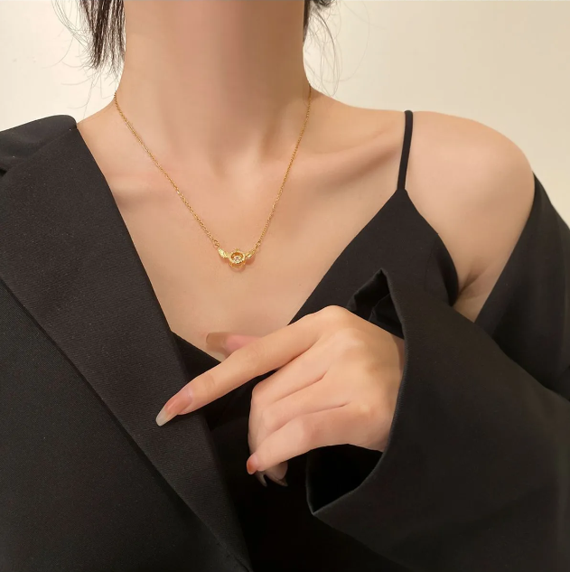Kadın Gold Çelik Zirkon Taş Tektaş Yüzük Melek Kanatlı Kolye