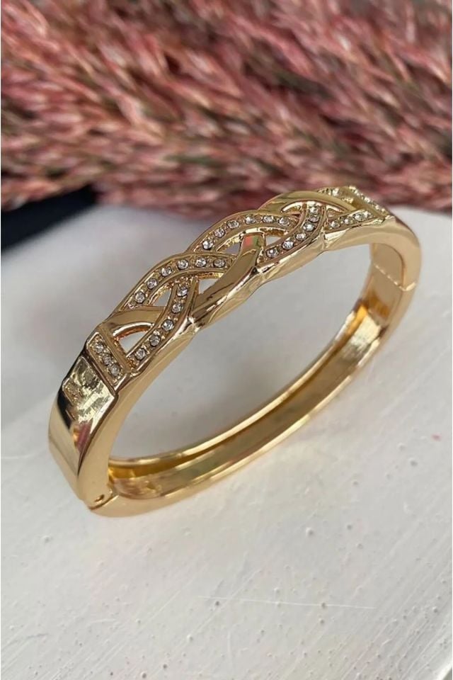 Rose Gold Renk Taşlı Çelik Kelepçe Bileklik