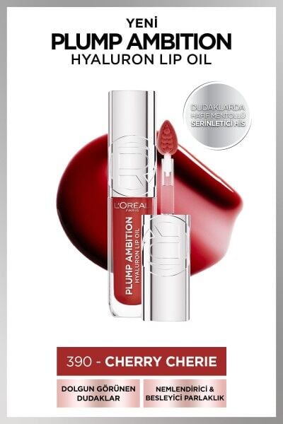 L'Oréal Paris Plump Ambition Hyaluron Lip Oil Besleyici ve Nemlendirici Dudak Parlatıcısı - 390 Cherry Cherie